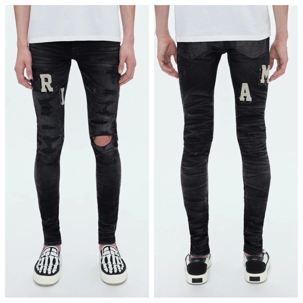 New! Amiri Black Varsity Logo Repair Patch Jeans 34 Denim Skinny 23673